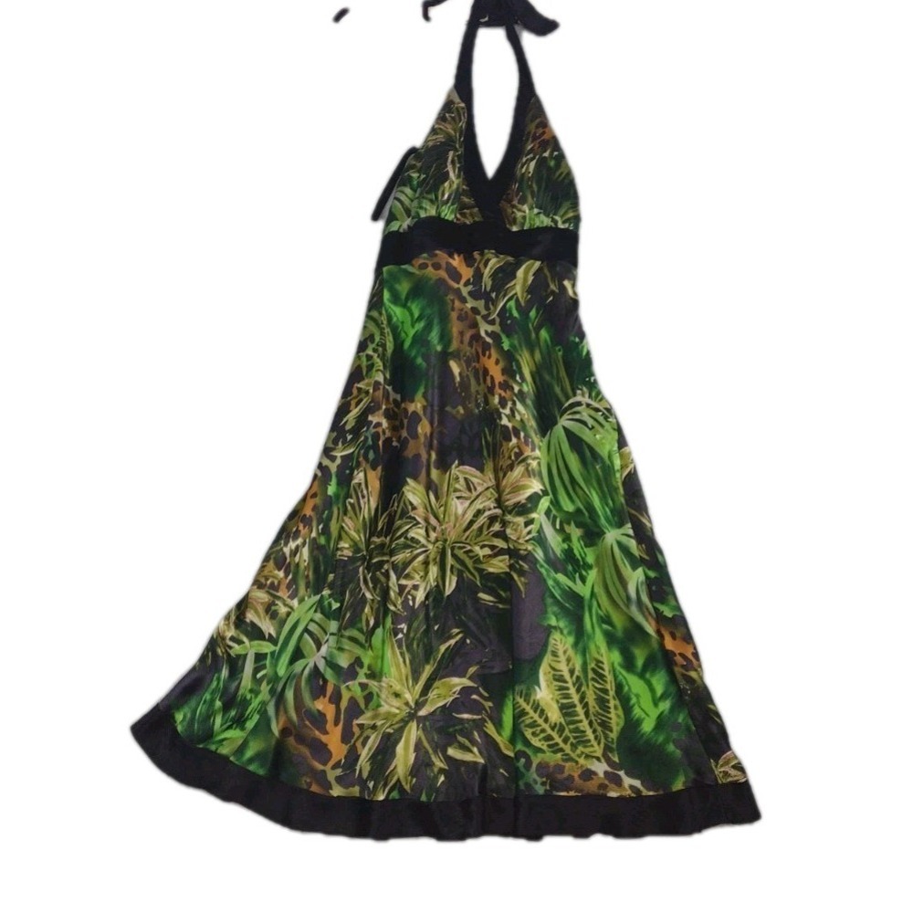 Vtg Cache 100% Silk Floral Tropical Y2K 90's Safari Resort Halter Midi Dress 6